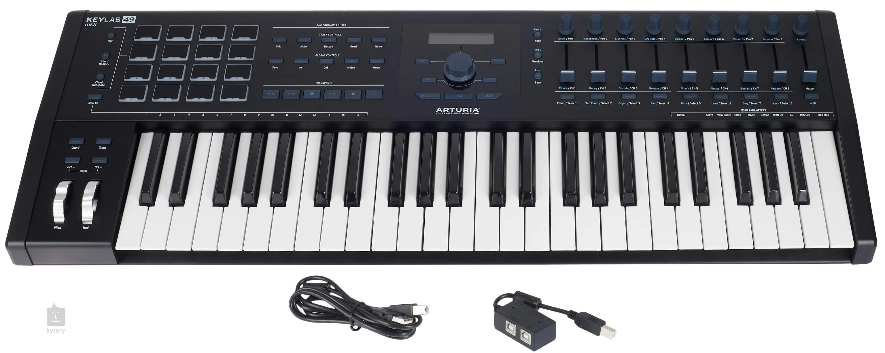 Arturia KeyLab 49 MkII 49 Keys USB Keyboard MIDI Controller with Aftertouch, 16 Performance Pads, 9 Faders, 9 Rotary Encoders, 4 CV Outputs, and 5 Expression Control Inputs (Black)