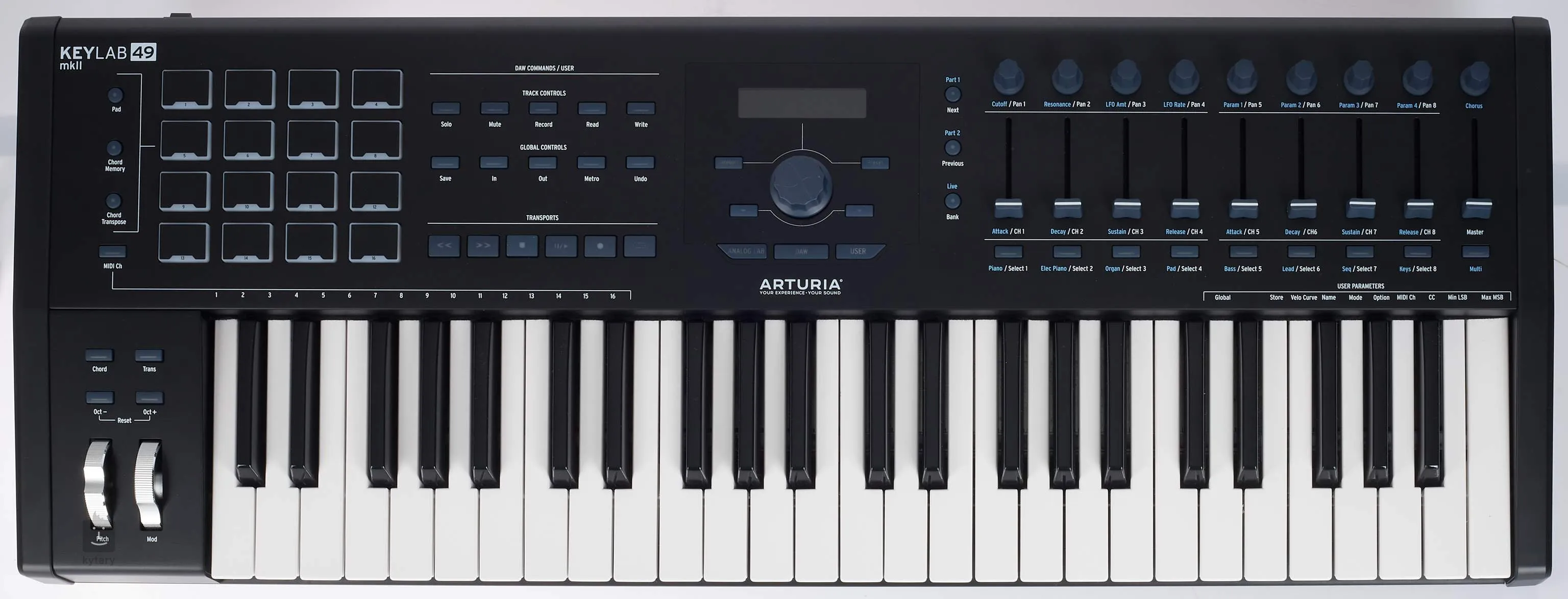 Arturia KeyLab 49 MkII 49 Keys USB Keyboard MIDI Controller with Aftertouch, 16 Performance Pads, 9 Faders, 9 Rotary Encoders, 4 CV Outputs, and 5 Expression Control Inputs (Black)